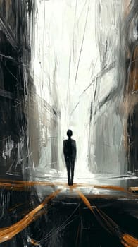 Abstract painting of a businessman standing in a dark city street, with tall buildings on either side and light shining from the distance