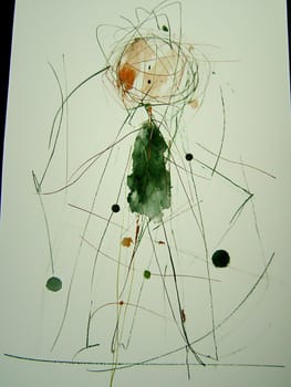 Abstract watercolor painting showing a thoughtful character, with a chaotic mix of lines and colors evoking a sense of introspection and deep thinking
