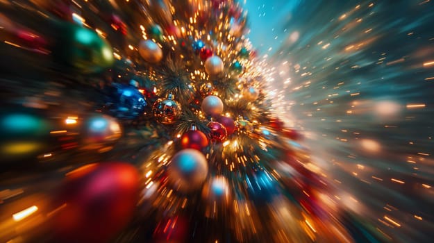 A beautifully decorated Christmas tree sparkles with colorful ornaments and twinkling lights, filling the space with holiday cheer during the festive season - Generative AI