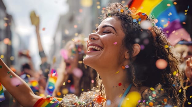 A young woman smiles with delight while celebrating at a LGBTQ pride parade, surrounded by colorful confetti and happy attendees in a vibrant city atmosphere - Generative AI