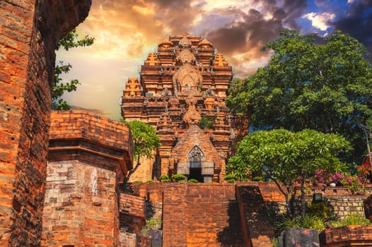 Po Nagar Cham Towers in Nha Trang in Vietnam. Ancient ruins of temple in Asia at sunset