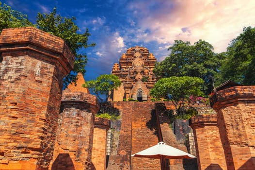 Po Nagar Cham Towers in Nha Trang in Vietnam. Ancient ruins of temple in Asia at sunset