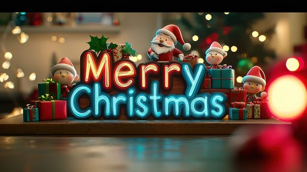 Merry Christmas sign with festive decorations and cheerful characters.