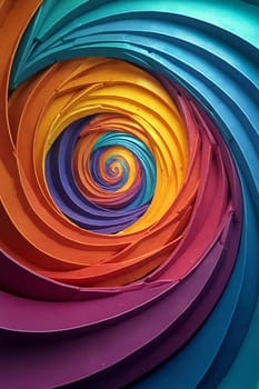 A mesmerizing spiral of multicolored paper layers forms an intricate design, showcasing vibrant hues of purple, blue, and orange in a dynamic arrangement - Generative AI