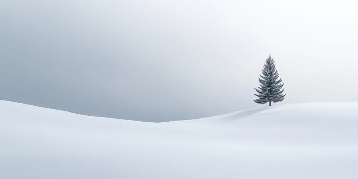 Serene winter landscape with lone pine tree on snowy horizon.
