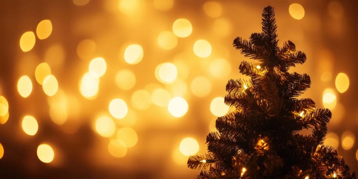 Christmas tree silhouette with soft focus golden lights for holiday design.