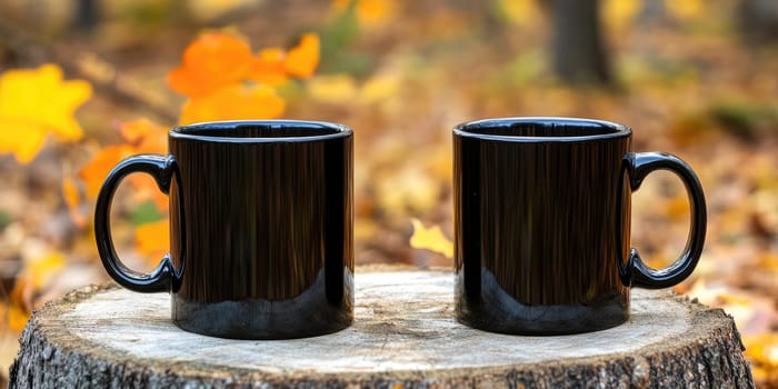 Autumn outdoor setting with two black mugs on wood stump.