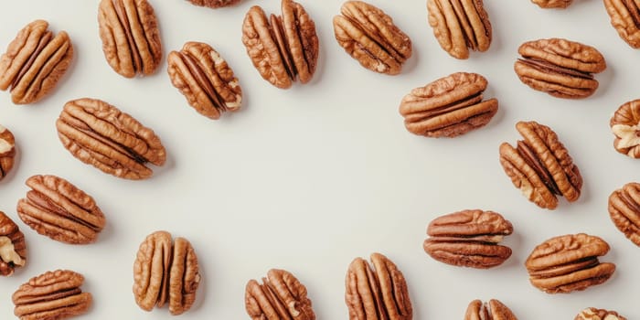 Pecans arranged in symmetrical circle for nut themed design and culinary inspiration.