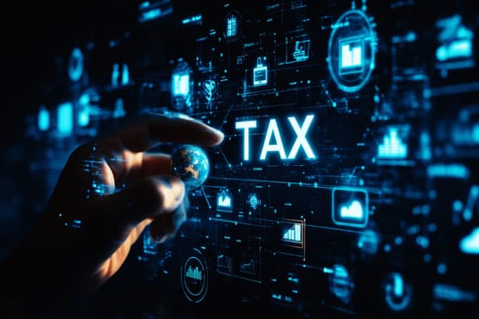 income tax concept. Businessman pointing to tax icon. income tax system icon around. pay online income tax. futuristic virtual screen interface technology. High quality illustration