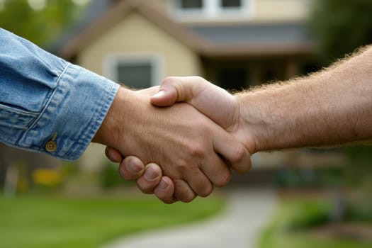 Two people shaking hands in front of a house, with focus on their hands and the house softly blurred in the background.