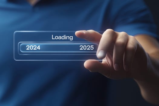 Businessman pointing to 2025 text, loading bar for count down from 2024 to 2025 year, Start up business and success..