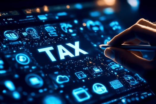 income tax concept. Businessman pointing to tax icon. income tax system icon around. pay online income tax. futuristic virtual screen interface technology..