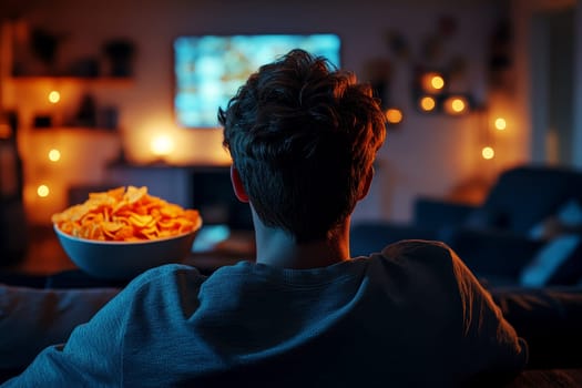 Cinematic back shot there are snacks on the table, and the young guys is watching TV. A bowl of potato chips is placed on the table --chaos 2 --ar 3:2 --stylize 400 --v 6.1 Job ID: cb8bfe67-d436-4584-b468-0290bcc2dbf3