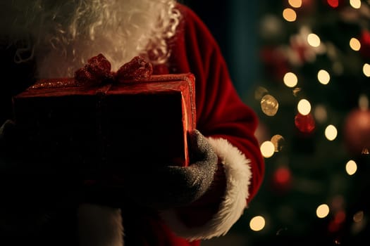 Close up shot of a santa clause outfit carrying gift box. christmas spirit, holiday mood.