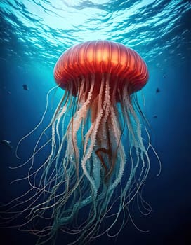 A close-up of a jellyfish with its intricate patterns and delicate tentacles. The vibrant colors and intricate details of this creature are truly breathtaking. Jellyfish swimming in unison, creating a mesmerizing spectacle of movement and color.