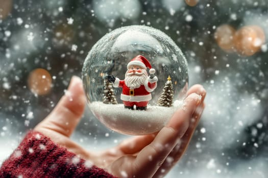 woman hold in hands glass transparent round ball with decorated santa claus and Christmas tree . Celebration concept.