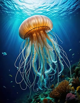 A close-up of a jellyfish with its intricate patterns and delicate tentacles. The vibrant colors and intricate details of this creature are truly breathtaking. Jellyfish swimming in unison, creating a mesmerizing spectacle of movement and color.