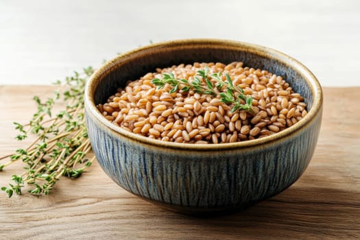 Organic farro grains with sprig of fresh thyme isolated on white background, natural ingredients..