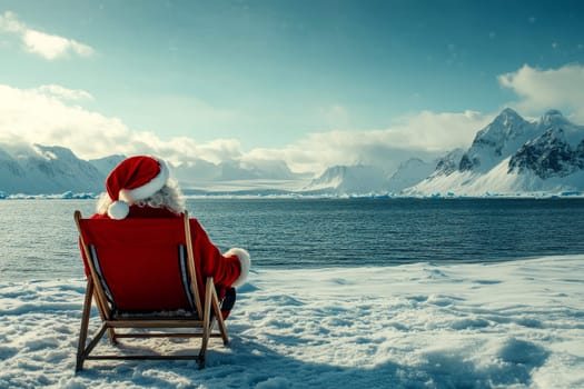 a Santa Claus sitting on beach chair to holiday calm on a cold arctic ice with snowy mountains..