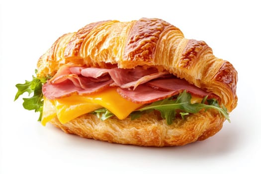 Breakfast croissant delicious ham and cheddar on wooden board on isolate white background..