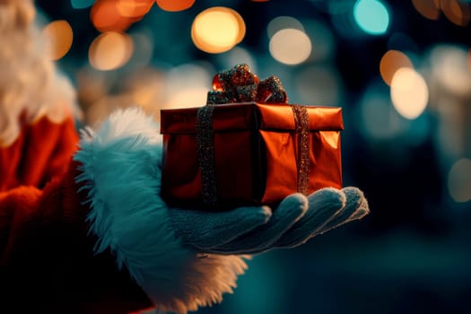 Close up shot of a santa clause outfit carrying gift box. christmas spirit, holiday mood.