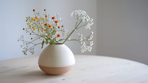 A beautiful white ceramic vase with a speckled glaze and a light brown rim sits on a light wooden table, holding a bouquet of delicate wildflowers. The flowers are a mix of orange and yellow blooms, and small white clusters of baby's breath. This simple and elegant still life photograph is perfect for use in home decor, lifestyle, and floral design projects. The vase is a modern and stylish design, and the wildflowers add a touch of nature to the scene. This image would be ideal for showcasing a product or service that is related to home decorating, flower arranging, or natural beauty.,