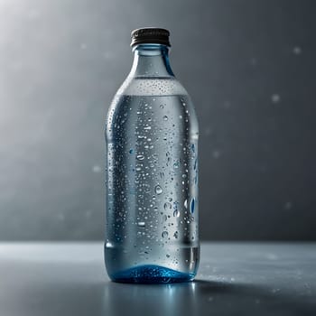 A close-up photo of a glass bottle of water with condensation on its surface. The bottle is standing on a gray surface, and the background is a soft gray gradient. The image is perfect for illustrating the concept of hydration, refreshment, or health. It can be used for various purposes, such as advertising, editorial, or social media content. The photo is high-quality, sharp, and professionally lit. It captures the essence of a refreshing drink on a hot day.
