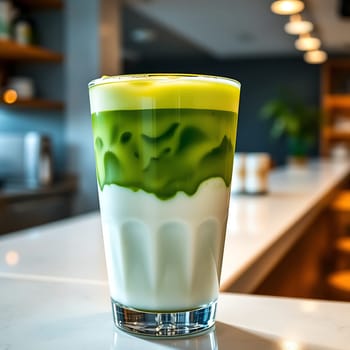 A close-up shot of a refreshing matcha latte in a glass. The latte has a layer of creamy milk and a beautiful green matcha layer on top, creating a visually appealing drink. The image is perfect for showcasing the beauty of matcha, promoting cafes and coffee shops, or illustrating the concept of healthy and delicious beverages. The blurred background adds a sense of depth and ambiance to the photo.
