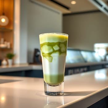 A refreshing glass of matcha latte with milk, featuring a distinct green and white layered effect. The drink is captured on a light countertop, creating a simple yet elegant composition. This image is perfect for showcasing a cafe's menu, highlighting healthy drinks, or representing Japanese tea culture. It can also be used for promoting matcha beverages or featuring the beautiful color contrast of this popular drink. The blurred background adds a sense of depth and allows the focus to remain on the delicious beverage. ,