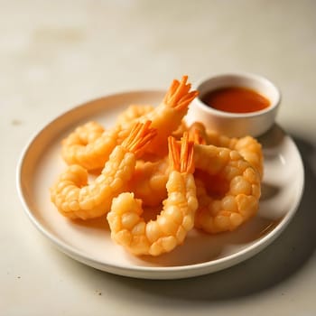 Close-up shot of crispy fried shrimp on a white plate with a small bowl of dipping sauce. The shrimp are golden brown and have a crispy texture. The dipping sauce is a rich, red color. This image is perfect for use in food blogs, recipe websites, and restaurant menus. It can also be used as a standalone image to represent the concept of delicious food.,