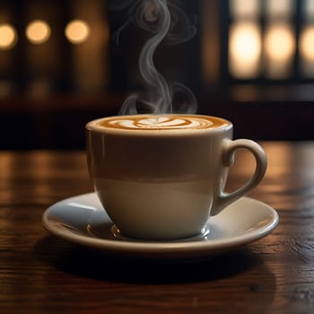 A close-up shot of a steaming cup of latte art coffee in a white ceramic mug with a saucer, placed on a rustic wooden table. The latte art is a heart with a swirl design. Soft bokeh lights and warm lighting add to the cozy ambiance of the image. This photo can be used for various projects such as food blogs, advertisements for coffee shops, or social media posts promoting beverages.