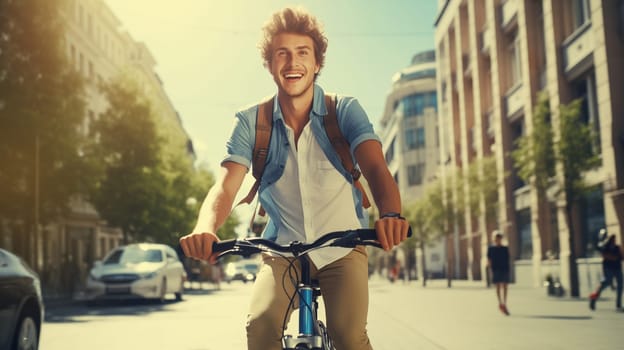 Happy cheerful smiling young man riding a bicycle in the city, cyclist on bike moving along the street on a summer day