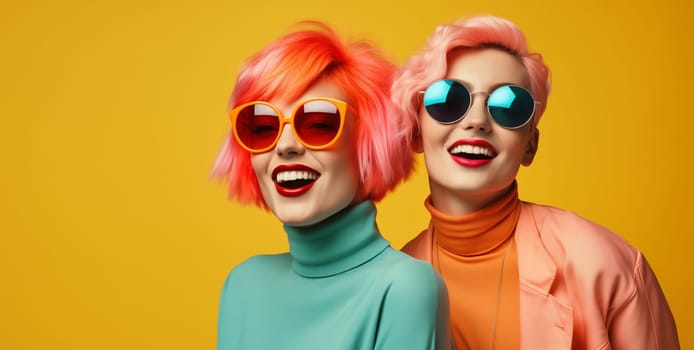 Fashionable portrait of stylish beautiful happy two cool women with bright hairstyles, dyed hair in colorful clothes, sunglasses on color studio background