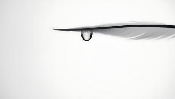 A single water droplet hangs from a white feather against a clean white background. This image has a minimalist aesthetic and would be ideal for use in various contexts, such as beauty, nature, purity, and fragility. The high-resolution photo is perfect for use in design, advertising, or as a standalone image. The simple yet elegant composition makes it a versatile choice for a wide range of projects.,
