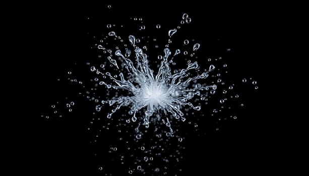 A mesmerizing close-up of a water splash exploding outward, showcasing the intricate details of the droplets and the movement of the liquid. Captured against a black background, this image evokes a sense of energy and dynamism. Ideal for projects related to water, nature, energy, and abstract concepts. It can be used for website backgrounds, print designs, and artistic compositions.,