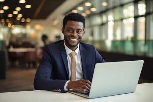 Happy successful African young businessman working on a laptop, smiling black male entrepreneur sitting in a cafe
