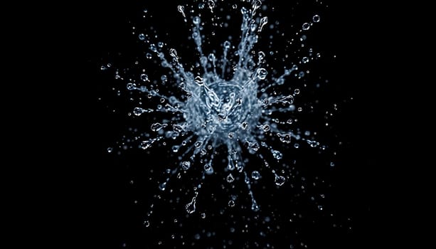This image showcases a water splash frozen in time, with droplets flying in all directions against a stark black backdrop. Perfect for creating captivating visuals for commercials, product displays, and website designs related to water, freshness, energy, and cleanliness. The high-resolution image allows for flexibility in cropping and resizing, offering a versatile tool for designers. The clean, crisp image is easy to incorporate into various projects without the need for extensive editing.,