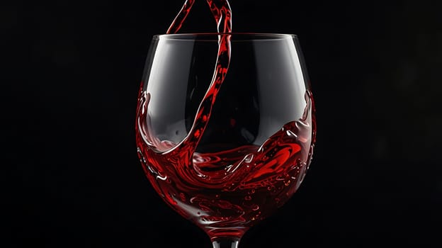This high-quality image captures the moment red wine is poured into a glass, creating a beautiful swirl of liquid. The deep red color of the wine and the elegant shape of the glass make for a stunning visual. This image is perfect for use in advertising, food and beverage websites, and other projects related to wine and fine dining. It evokes a sense of luxury and sophistication, making it ideal for showcasing the quality of your products or services. ,
