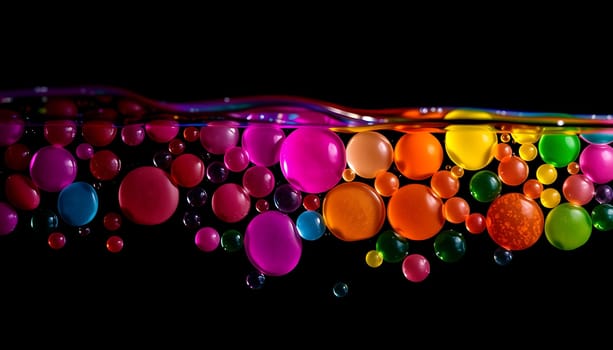 A vibrant and captivating image of colorful spheres suspended in water against a black background. The spheres are arranged in a dynamic pattern, creating a sense of movement and energy. The image's bright colors and abstract design make it ideal for a variety of applications, including websites, social media, and advertising. Use it to represent concepts of creativity, energy, and innovation.