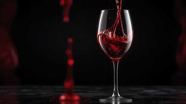 A close-up shot of a glass of red wine being poured, showcasing the liquid's dynamic flow and the rich, deep color of the wine. The dark background highlights the contrast between the glass and the liquid, creating a visually stunning and elegant composition. This image can be used for various purposes, including advertising, marketing, and editorial content. It evokes a sense of luxury, sophistication, and indulgence. ,