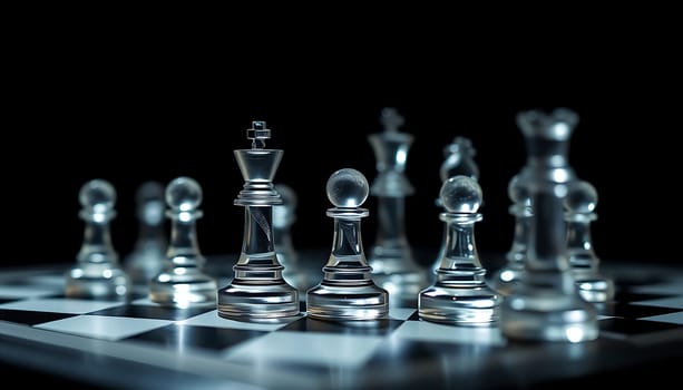 A close-up shot of glass chess pieces arranged on a black and white chessboard, creating a sense of strategy and competition. The pieces are illuminated from the side, casting dramatic shadows and highlighting their intricate details. The glass material adds a modern and elegant touch to the classic game of chess. This image is perfect for projects related to strategy, competition, leadership, and business. It can also be used for websites, presentations, and social media posts.