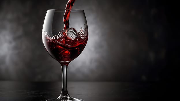 A dramatic image of red wine pouring into a glass, creating beautiful swirling patterns. The dark background creates a sense of mystery and sophistication, making it perfect for use in advertising, menus, or other promotional materials. The image captures the essence of a luxurious evening, emphasizing the beauty and enjoyment of a fine wine. The focus on the pouring wine and swirling liquid creates a dynamic and visually appealing scene, making it stand out. This image is ideal for use in various contexts, including restaurants, wineries, and publications related to wine and spirits.,
