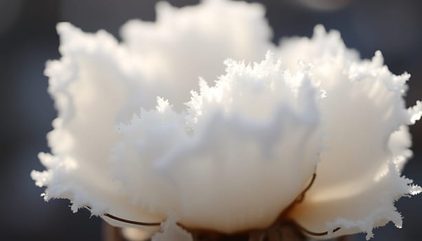 A close-up photograph of a flower covered in frost, showcasing the delicate, intricate patterns of the ice crystals. The soft, white hues and blurred background create a dreamy and ethereal atmosphere. This image is perfect for adding a touch of winter magic to your designs, calendars, or greeting cards.,