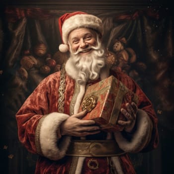 Cheerful santa claus with a gift in his hands.