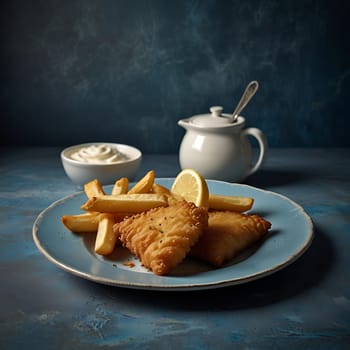 A close-up shot of a classic British dish, fish and chips, served on a blue plate. The fish is golden brown and crispy, with a side of fries and a wedge of lemon. The image is perfect for illustrating a food blog, recipe, or restaurant menu. The blue background adds a touch of elegance and sophistication to the dish, making it more appealing to viewers.,