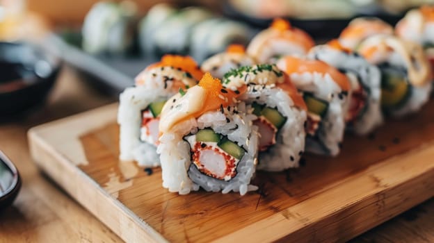 close up of sushi rolls on black tray. selective focus. Generative AI, food