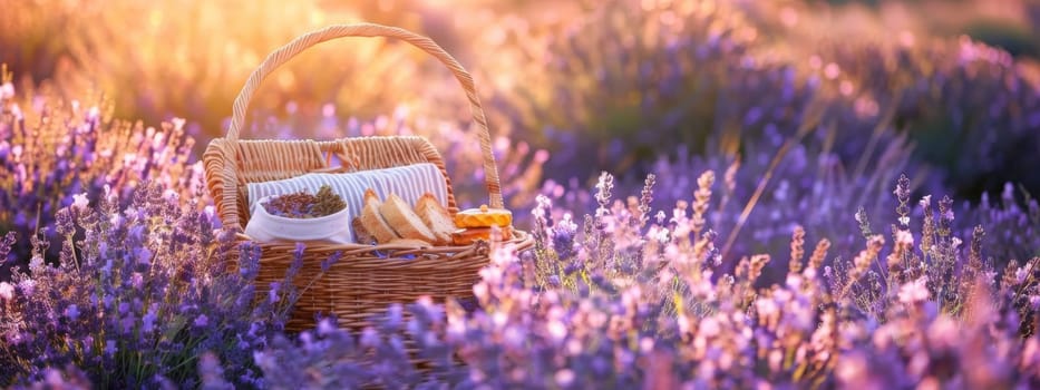 picnic in a lavender field with wine. Selective focus. Generative AI, food