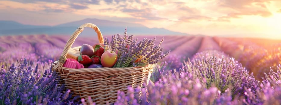 picnic in a lavender field with wine. Selective focus. Generative AI, food