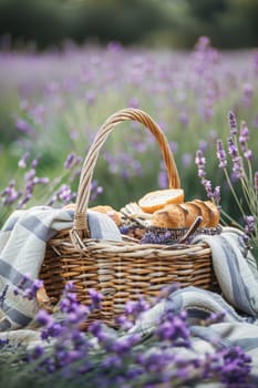 picnic in a lavender field with wine. Selective focus. Generative AI, food