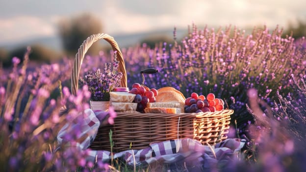 picnic in a lavender field with wine. Selective focus. Generative AI, food
